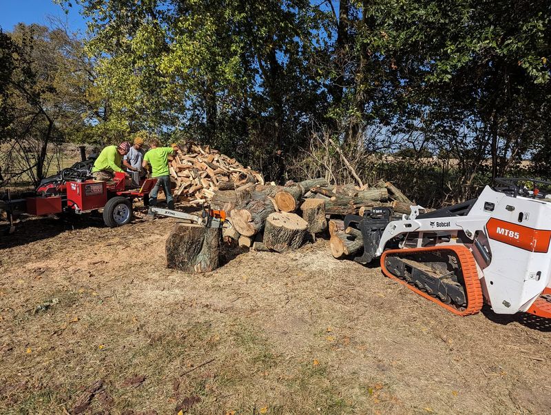 A log splitter and a pile of split firewood beside a compact loader.