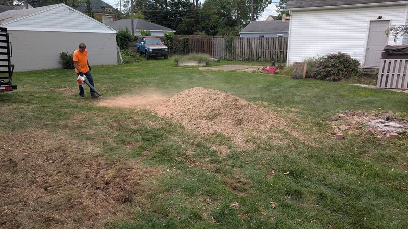 A crew member using a blower to clear wood chips off a back lawn between two houses.