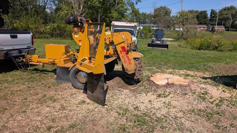 A stump grinder cutting into a fresh stump, with a pickup and trailer behind it.